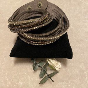 Multi-Strap Wrap Crystal Bracelet Silver Tone Snap Closure